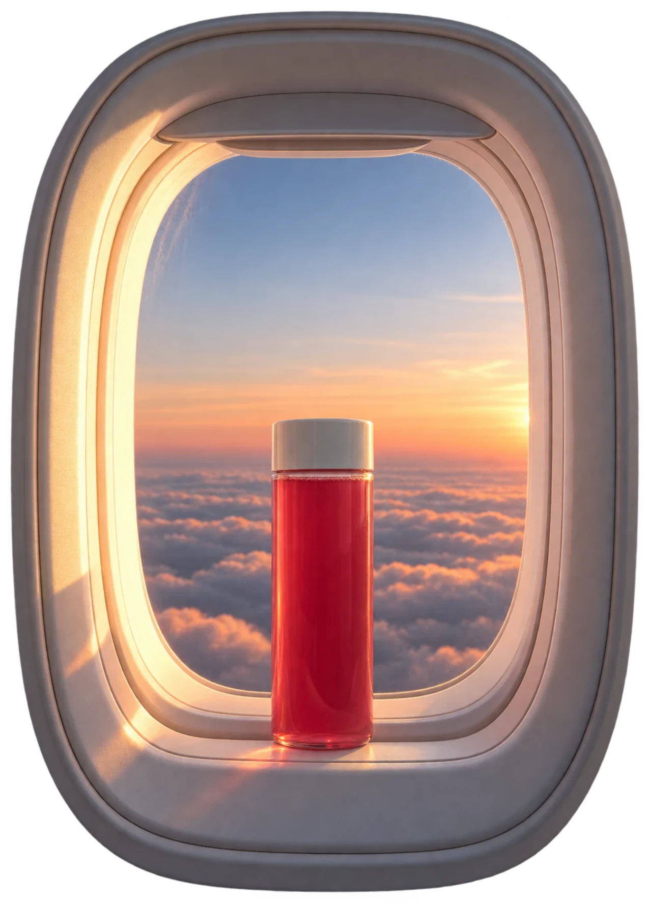 A bottle of Red-Eye on a plane window ledge above the clouds